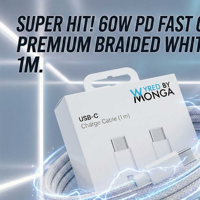 Cablu USB-C la USB-C 60W, Wyred by Monga, 1m, Împletit, Alb, Nou
