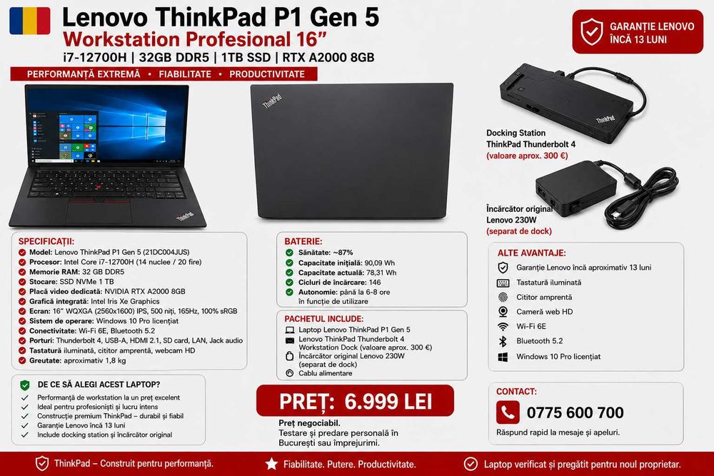 Lenovo ThinkPad P1 Gen 5 i7-12700H | 32GB DDR5 | 1TB SSD|RTX A2000 8GB