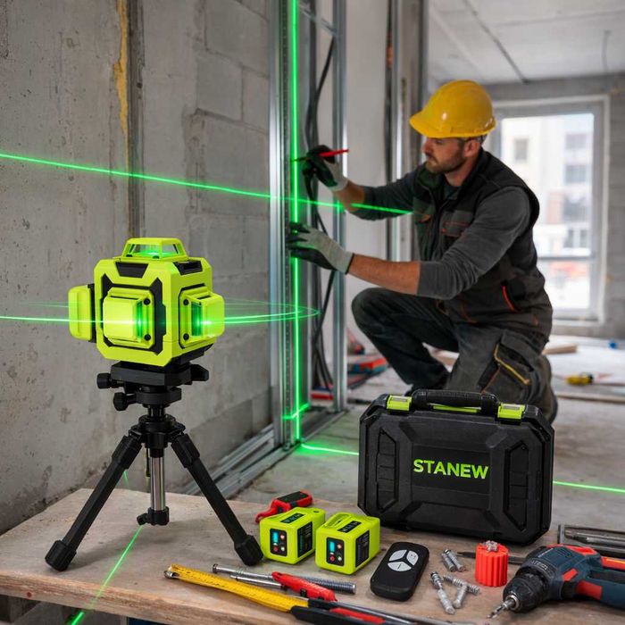 Nivel Laser cu Linii Verzi – 16 Linii, Auto-Nivelant, cu Afișaj Digital și 2 Baterii
