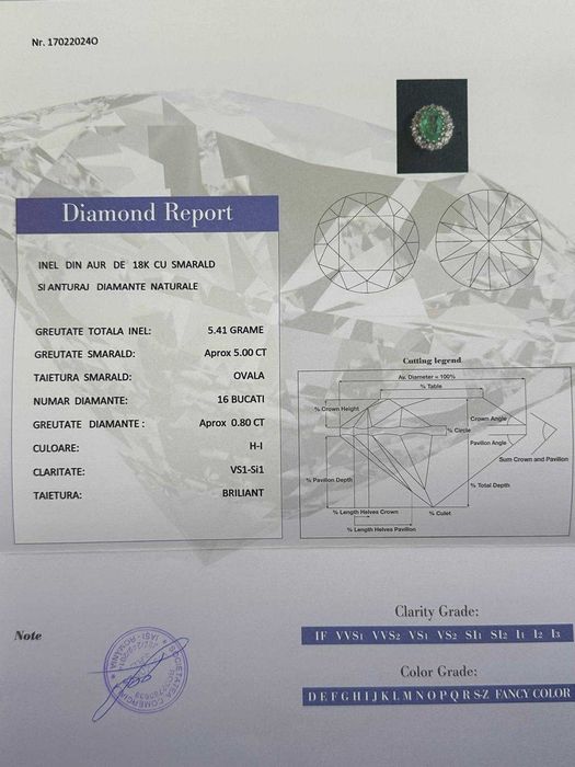 INEL AUR alb 18K + SMARALD Natural =5CT + 16 Diamante =0.80ct -Vintage