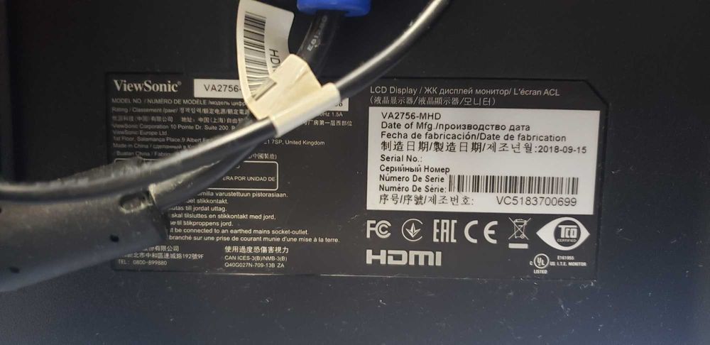 Компютърен монитор ViewSonic 27", Full HD 1920X1080p, вградени стерео високоговорители.