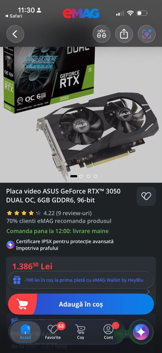 RTX 3050 6GB (2 ventilatoare) – stare impecabilă