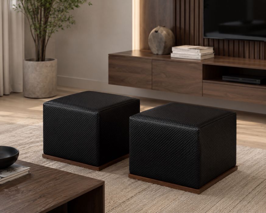 Scaun Taburet Cubic Retro Vintage din Lemn și Piele