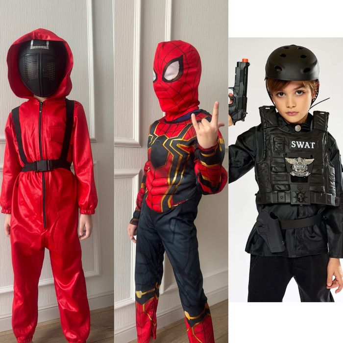 Костюм человек паук, игра в кальмара и полицейский