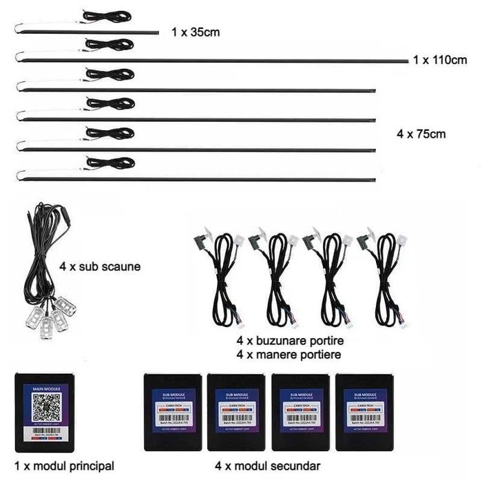 Lumini ambientale auto dinamice, acrilice, 18 piese cu aplicatie