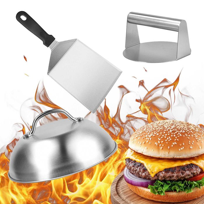 Set Smash Burger inox cu presa carne spatula si capac topire cascaval