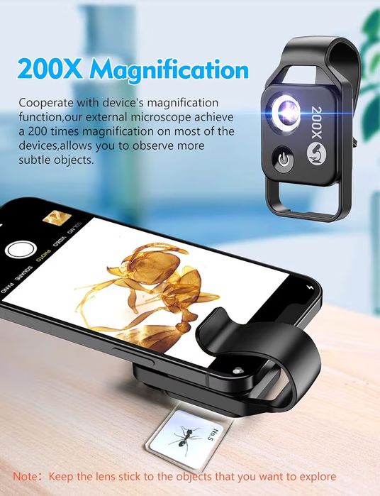 APEXEL Clip-on Phone Microscope, 200x with Slides for Kids, Black