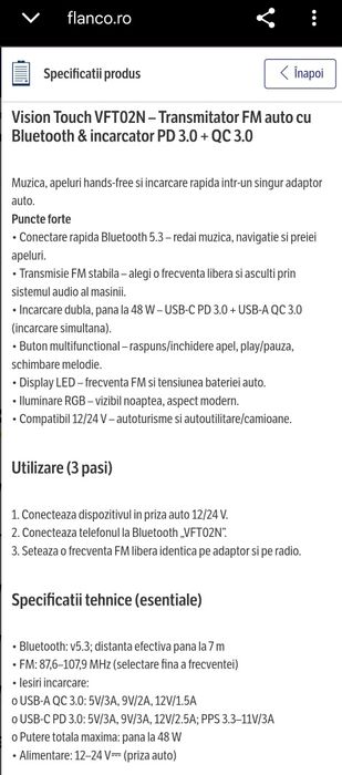 Transmițător Fm cu Bluetooth și H-free (plus fast charging)