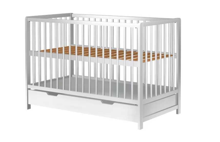 Patut copii din lemn Hubners Dominic 120x60 cm alb cu sertar + saltea