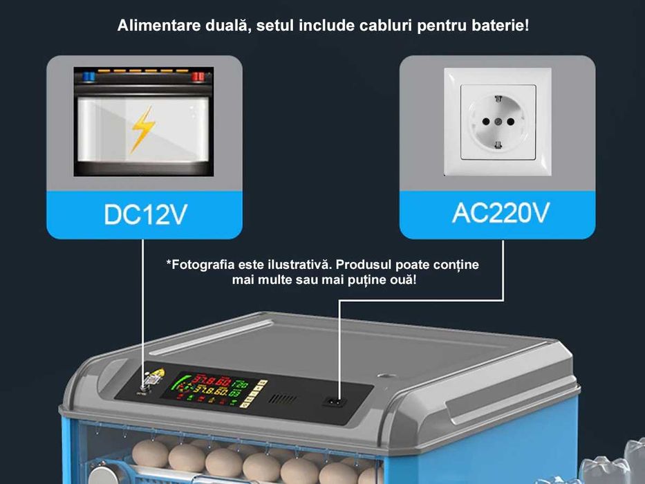 Incubator automat 128 ouă – control temperatură/umiditate, pentru pui, rață, prepeliță