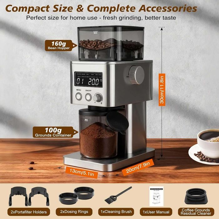 Râșniță de cafea electrică Homtone, râșniță de cafea din oțel inoxidabil cu afișaj LCD