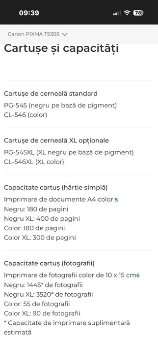 Imprimantă Canon Pixma TS305, funcțională, necesită cartușe