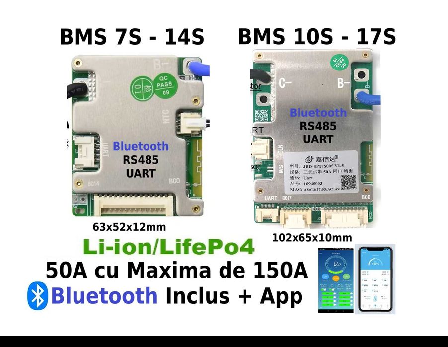 Smart Bluetooth  BMS 7s 8s 9s 10s 11s 12s 13s 14S 15S 16S 17S + Bluetooth inclus App smart monitorizare configurare