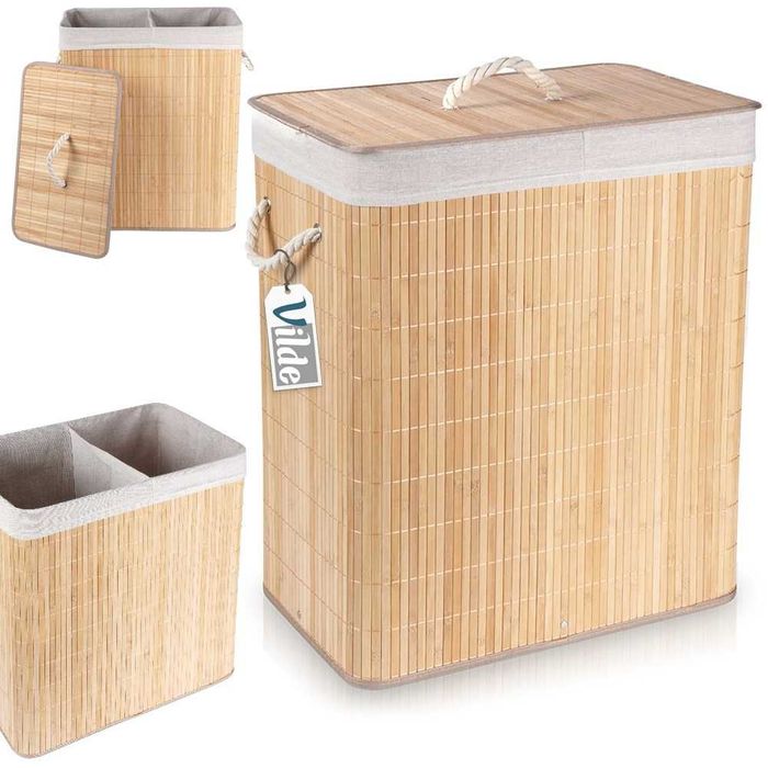 Кош за пране с две отделения, изработен от бамбук 90L