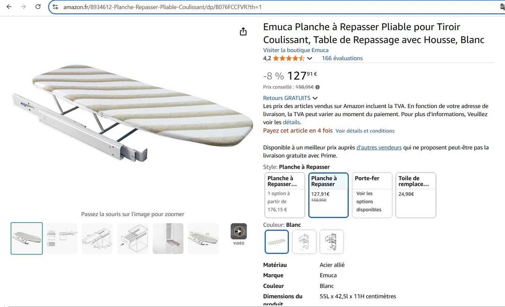 Masă de călcat Emuca extensibilă și pliabilă, cu montare în sertar
