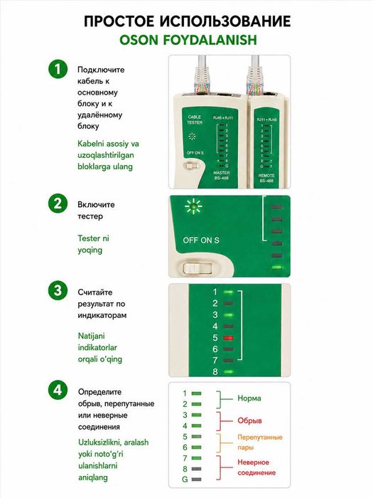 Тестер сетевой для сети LAN RJ45 10/100/1000 батарейка в комплекте