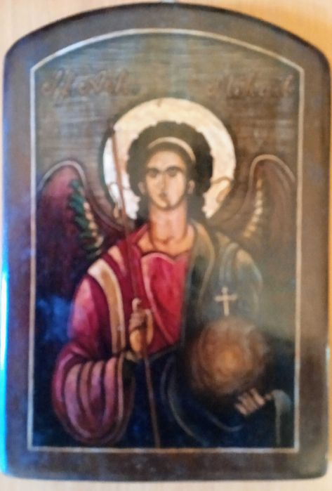 Vând icoană ortodoxă pictată manual pe lemn cu Arhanghelul Mihail – dim. 22/16 cm (pictor de icoane regizorul Sergiu Savin) pret: 700 lei