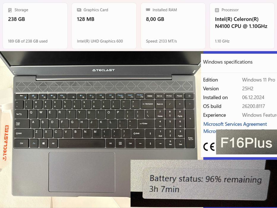 IMPECABIL! Laptop Teclast F16 Plus – BATERIE 100% 8GB LPDDR4, SSD 256GB, Intel N4100 4core! Windows 11 Pro. ARATĂ CA NOU! nici cea mai mică zgârietură