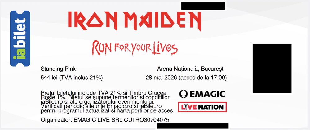 2 bilete concert Iron Maiden, Bucuresti, Arena Nationala, 28.05