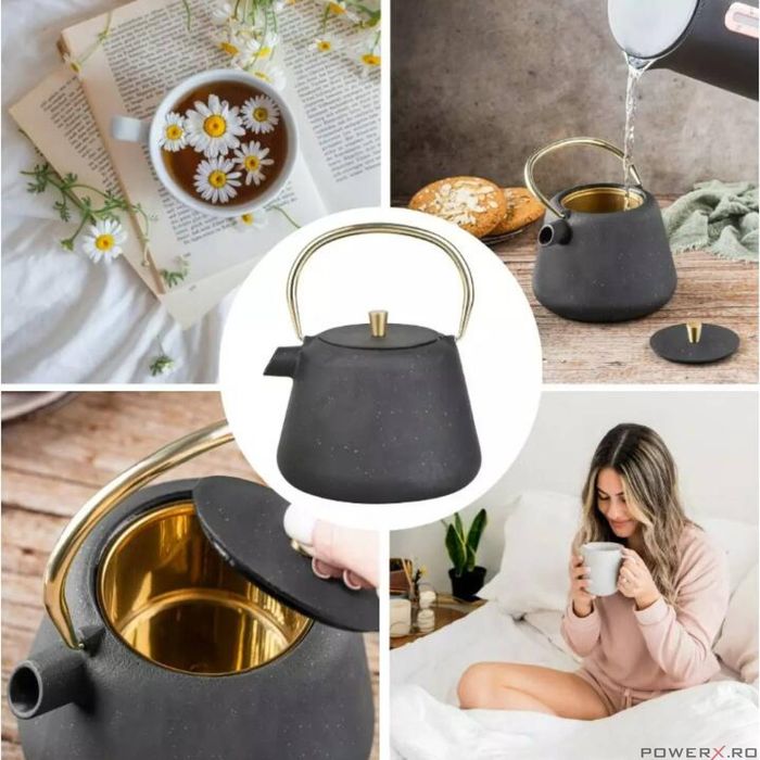 Ceainic din fonta cu strecuratoare, interior emailat, 1l, negru cu