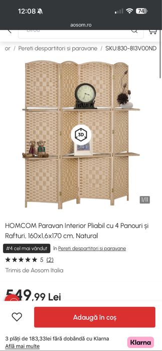 Paravan interior pliabil cu 4 panouri si rafturi