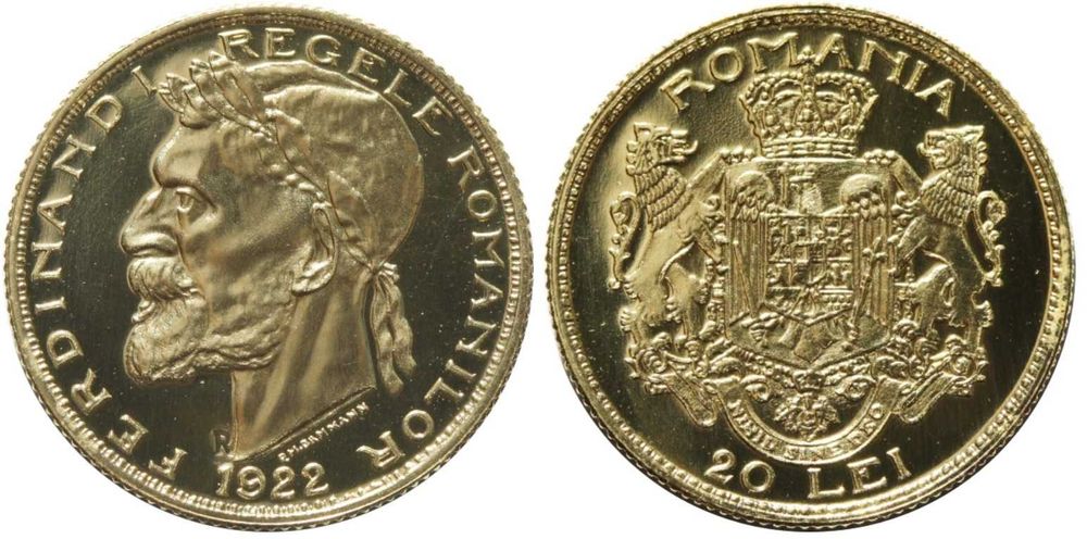 Moneda 20 lei aur, Ferdinand 1922 rebatere BNR 2008, gradata NGC MS 68