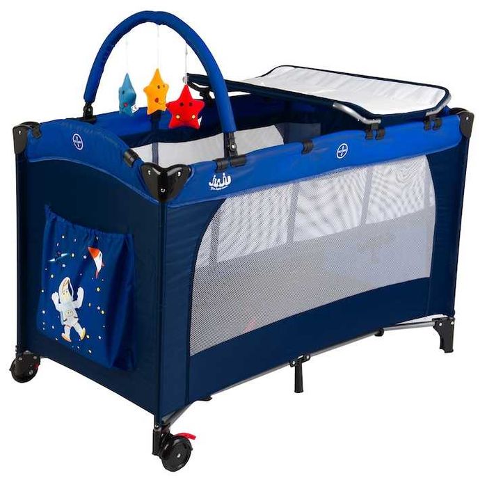 Patut pliant Juju Sleepy Baby, 2 nivele, Space Adventure Albastru + o saltea suplimentara din fibra de cocos