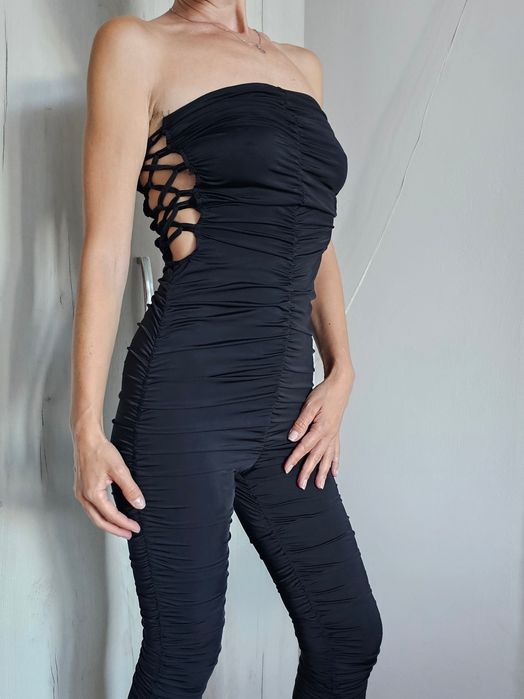 Salopetă neagră mulată Shein XS S M bodycon sexy ruched reglabilă party club elegantă