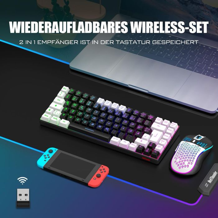 RedThunder Tastatură și Mouse Gaming Wireless TKL – Negru și Alb
