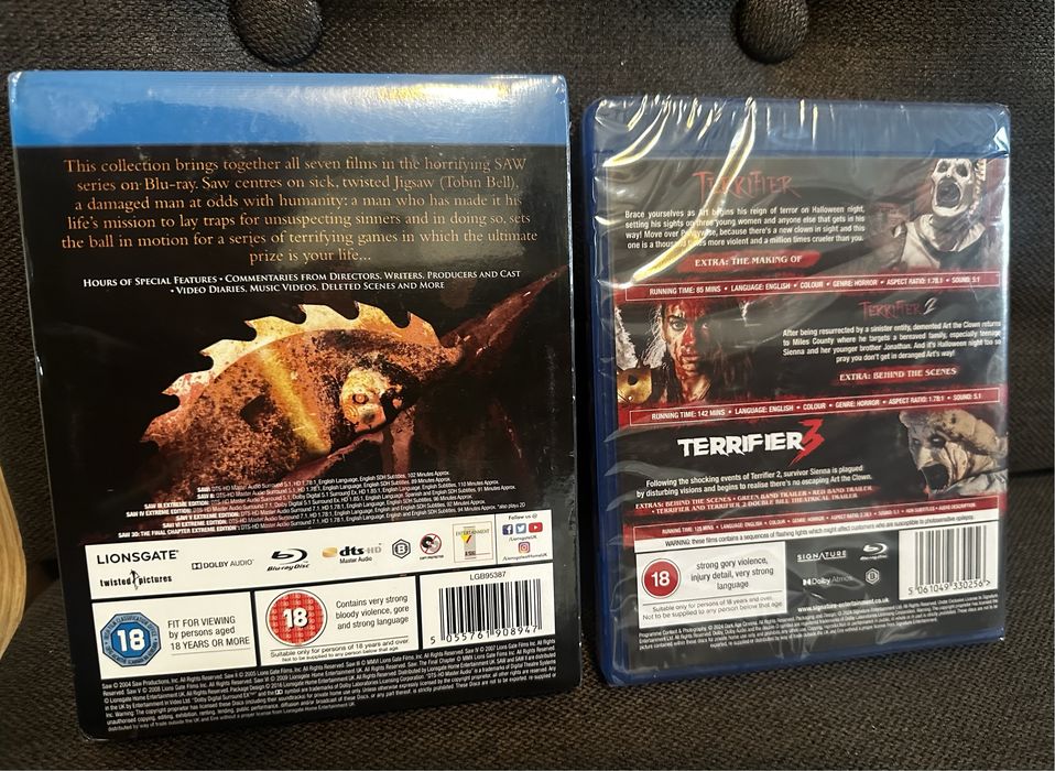 Extreme Horror Blu Ray- Saw Complete edition,Terrifier The Bloody Trio
