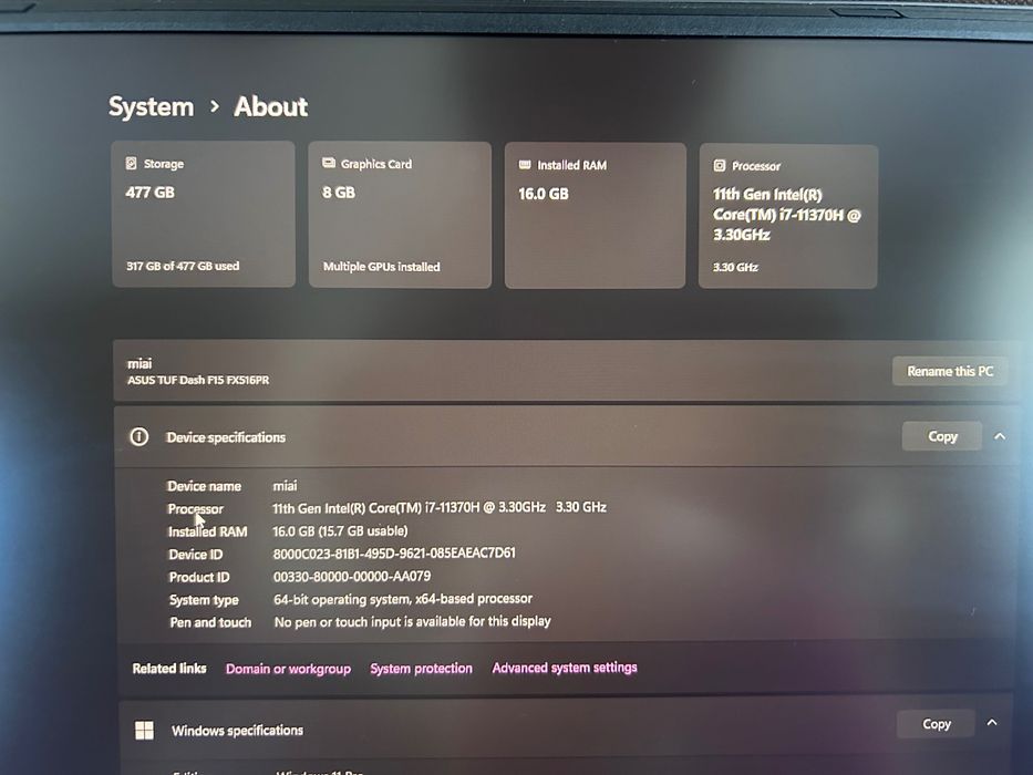 Laptop Gaming Asus TUF Dash F15 15.6" i7-11370H 3.3GHz 16GB RAM 512GB SSD GeForce RTX 3070