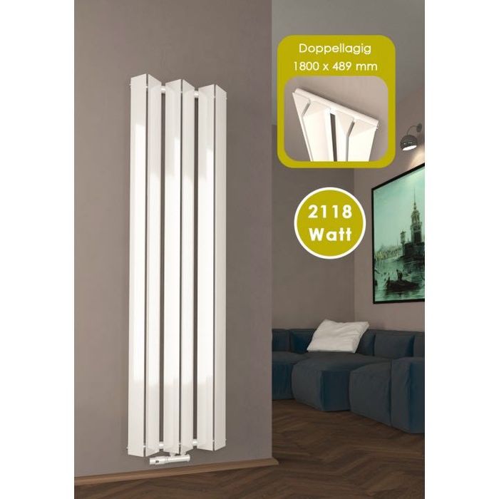 Дизайнерски вертикален радиатор 1800х489мм | Двоен | Триъгълен профил | Бял
