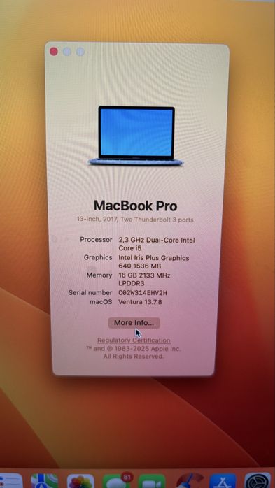 Macbook pro 13 16GB/256GB ; 2017 Model A1708