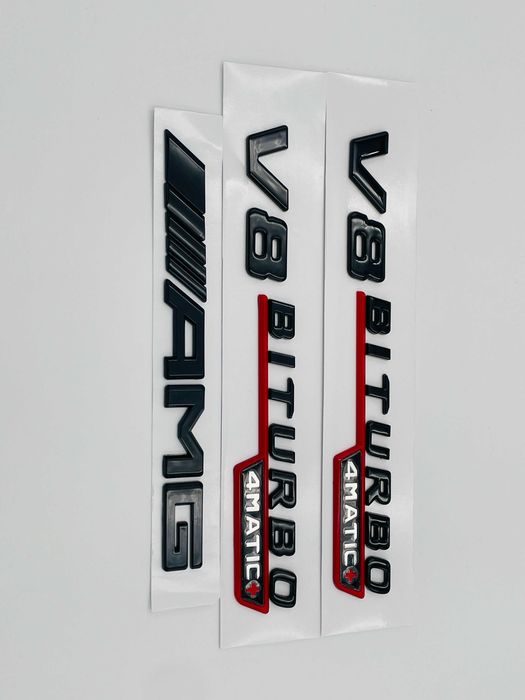Set embleme compatibile Mercedes V8 biturbo 4matic+ AMG rosu