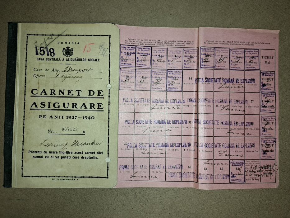 Carnet asigurari - Fabrica de explozivi Fagaras  1939