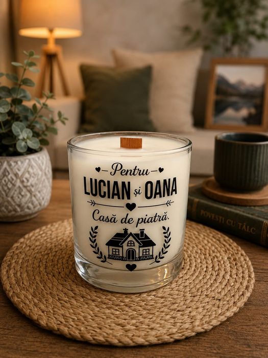 Lumânare personalizată premium | Nume și mesaj la alegere | Ceară de soia | Fitil din lemn | ambalaj cadou