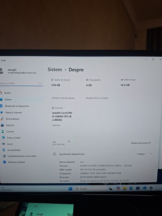 Laptop Gaming MSI GF63 Thin 9SC – GTX 1650, 16GB RAM – Display spart, funcțional HDMI