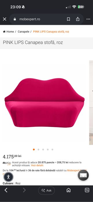 PINK LIPS Canapea stofă roz MOBEXPERT