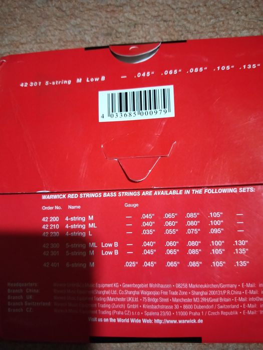 Струны Warwick для 5струнной бас гитары