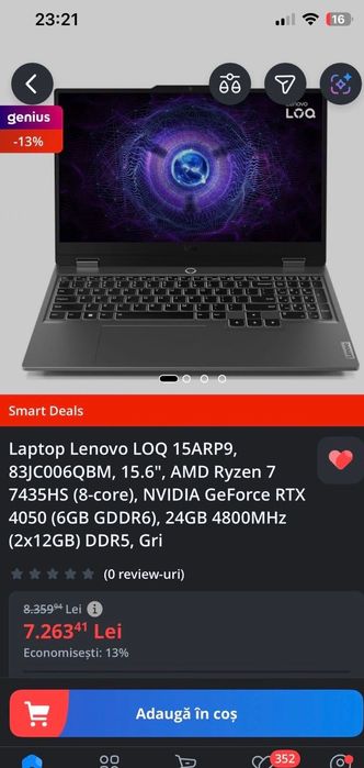 Laptop Lenovo LOQ gaming 14APR9, 4050, 24gb, Ty 7 7435hs / schimb. Ful box!