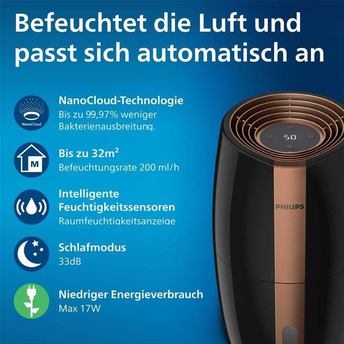 Овлажнител за въздух Philips 2000, технология NanoCloud HU2718/10, (33 dB)