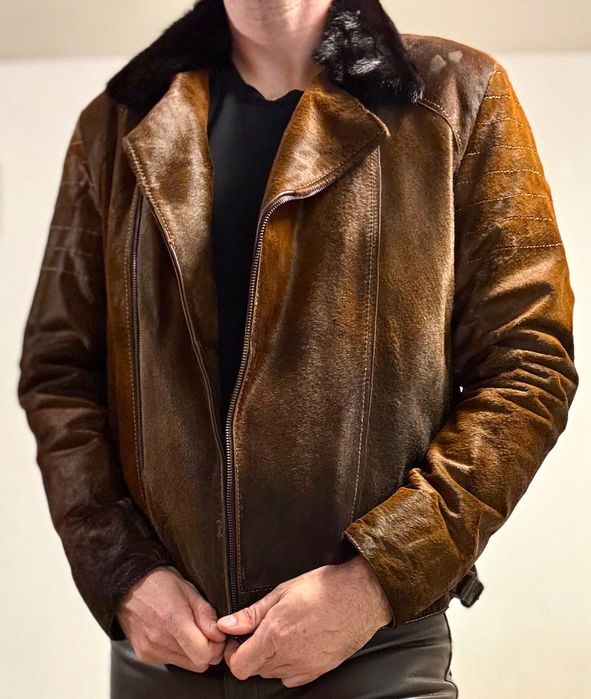 Мъжко яке от естествена кожа с косъм от пони и яка от норка