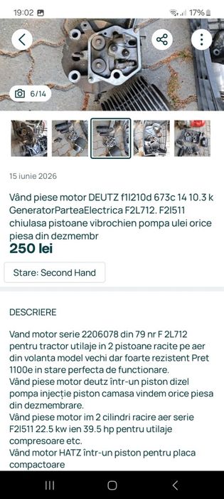 Vând piese motor deutz f1l210 673c 14 10.3k  F21511 F2L712  sau motor complect într-un piston pentru placa compactoare  in 2pentru tractor utilaje