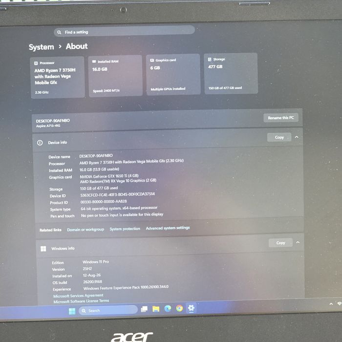 Acer Aspire 7- Ryzen 3750H, GTX 1650 Ti, 16GB RAM, 512GB, IPS, TASTATURA ILUMINATA