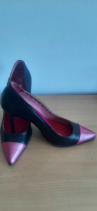 Pantofi piele naturală,bicolori roz + negru