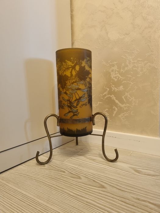 Vază decorativă mare(35cm) în stil Gallé cu suport metalic