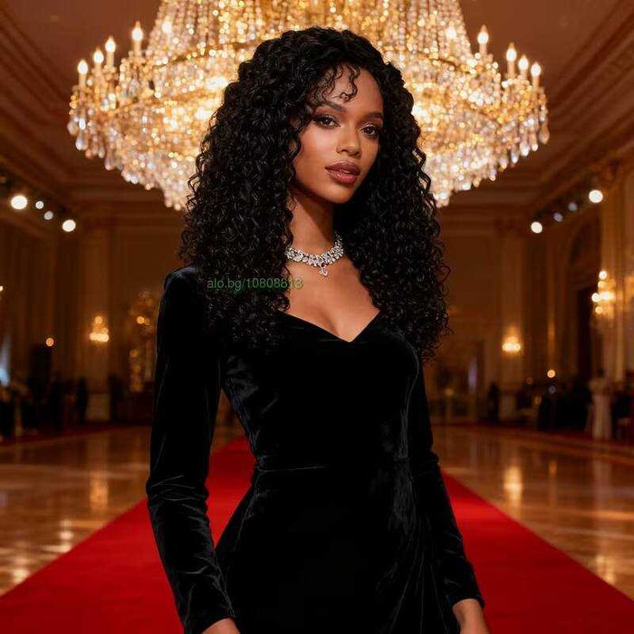 Черна афро къдрава перука с дантелена зона 13×4 - синтетична, 65 см