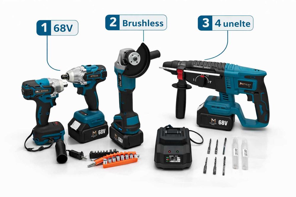 Set scule Matrix brushless 68V 6.0Ah | 4 piese | Profesional | Nou