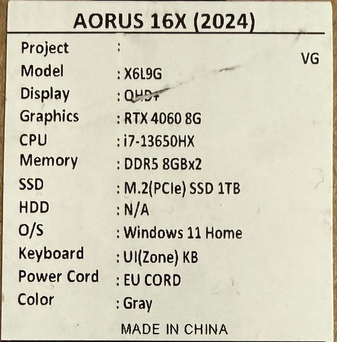 Laptop AORUS 16X – i7 HX, RTX 4060, 16GB RAM, 1TB SSD