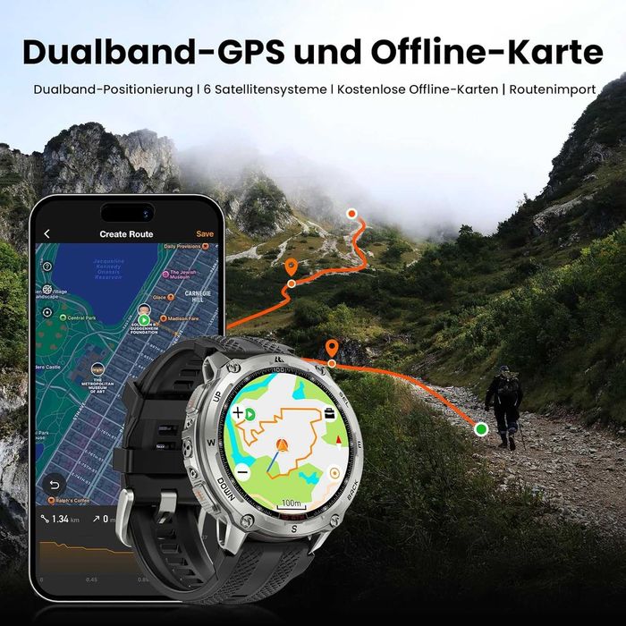 Ceas inteligent GPS KOSPET Tank T4 pentru bărbați, complet din oțel inoxidabil, hărți globale offline și sistem cu 6 sateliți, impermeabil până la 100
